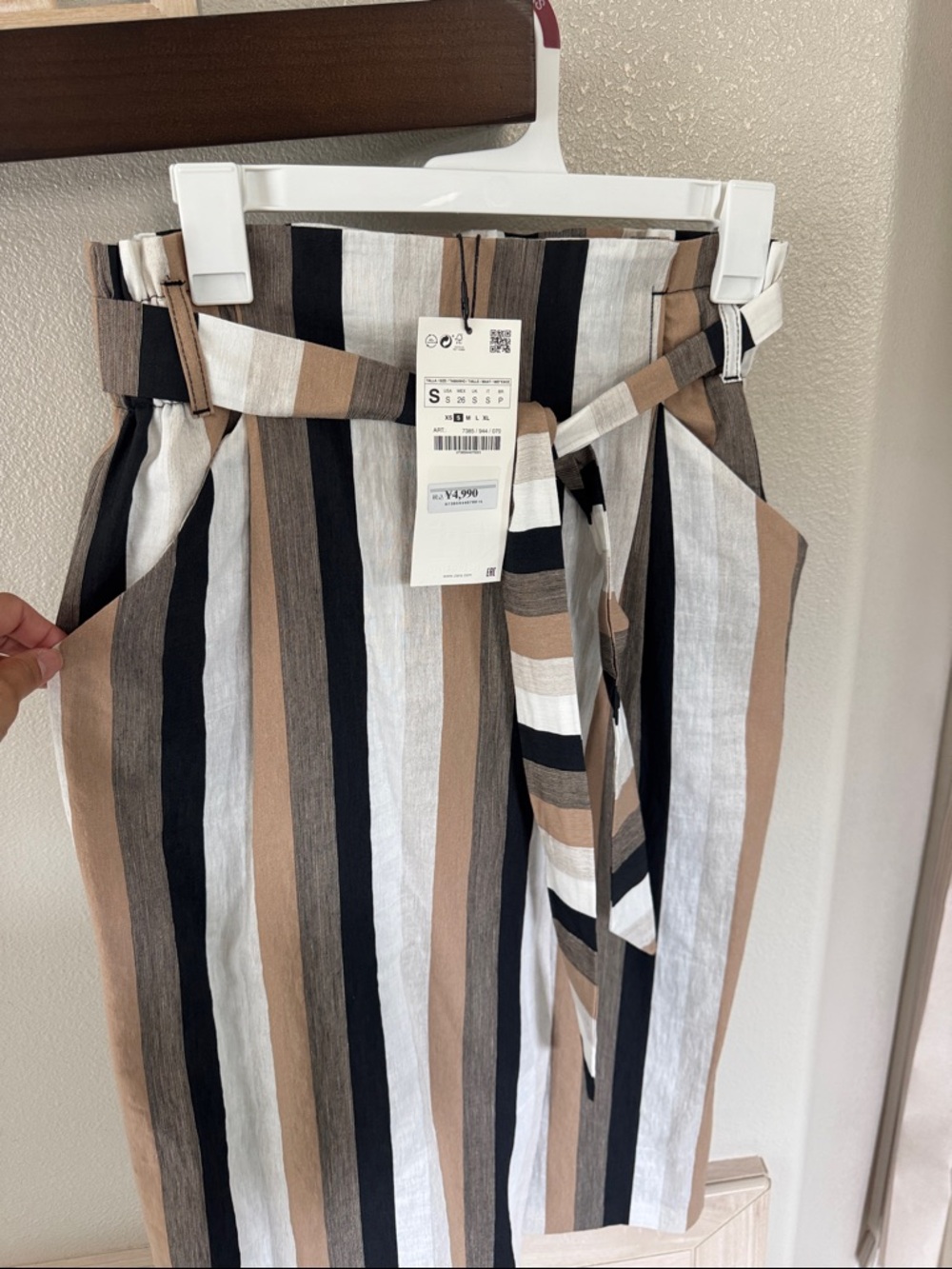 Zara Japan Striped Paperbag Waist Midi Skirt in Black, White & Brown
